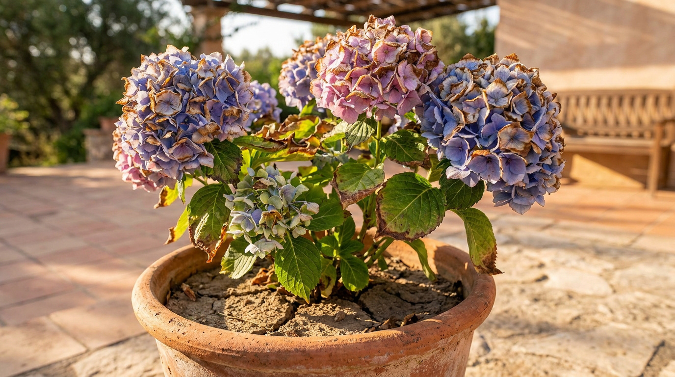 Un hortensia en pot avec des fleurs violettes et bleues fanées et un terreau très sec et craquelé.