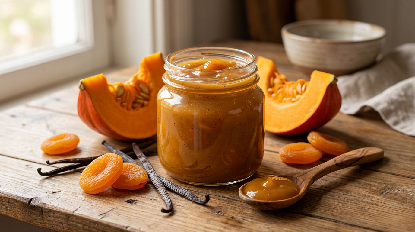 Un pot de confiture ambrée entouré de morceaux de potiron, d'abricots secs et de gousses de vanille sur une table en bois.