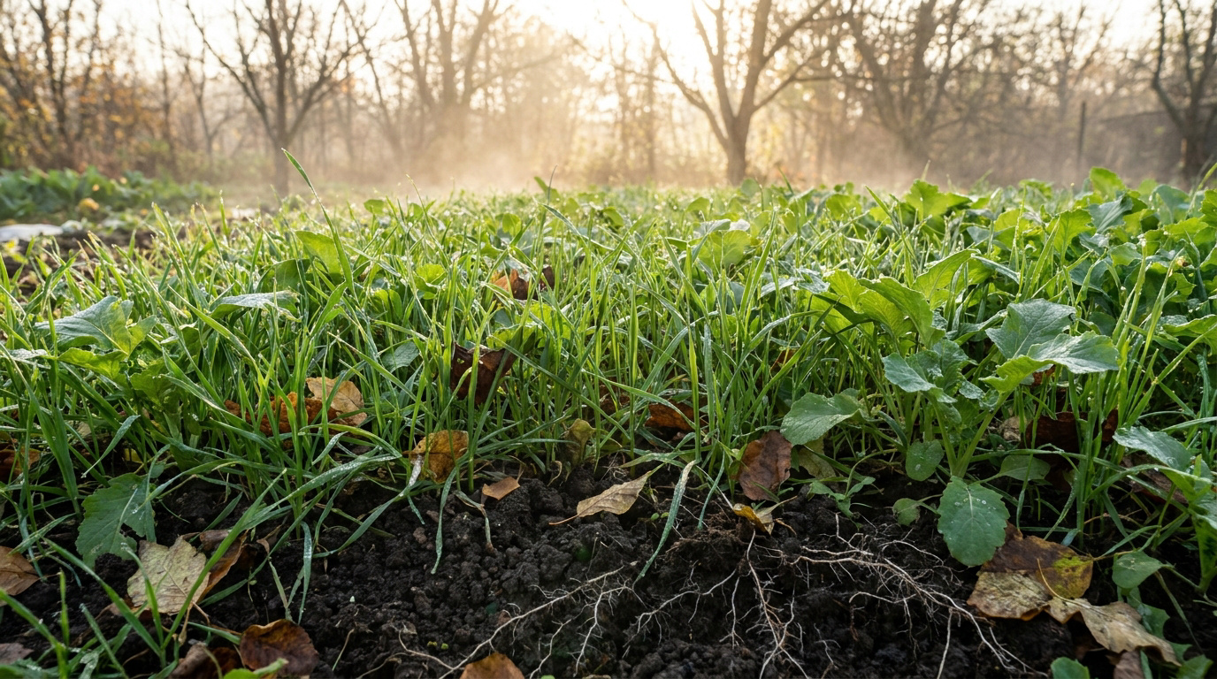 Jeunes pousses d'engrais vert dans un potager au lever du soleil avec de la brume en arrière-plan.