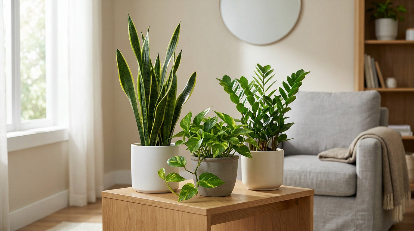 Trois plantes d'intérieur (sansevieria, pothos, zamioculcas) dans des pots en céramique sur une table en bois.