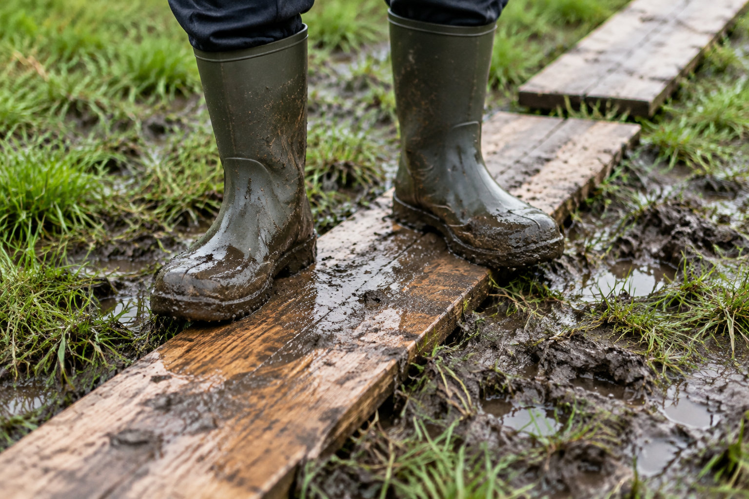 Une personne chaussée de bottes en caoutchouc boueuses marche sur des planches posées dans un terrain détrempé.