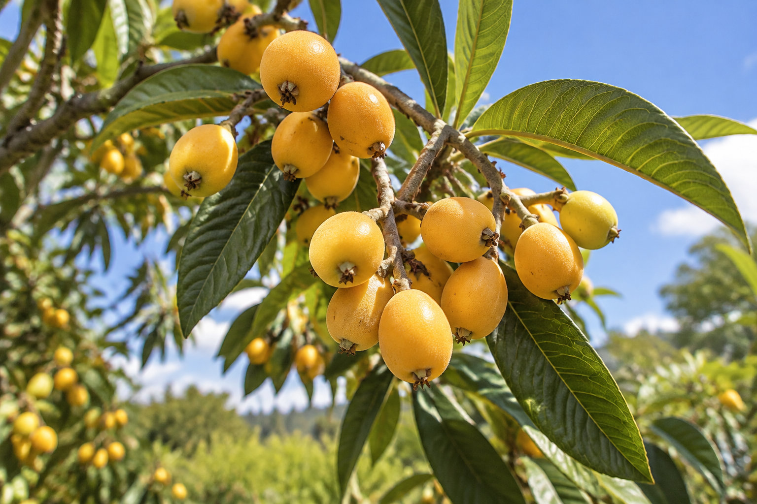 Des fruits jaunes et orangés mûrissent en grappes sur un arbre aux longues feuilles vertes, sous un ciel bleu.