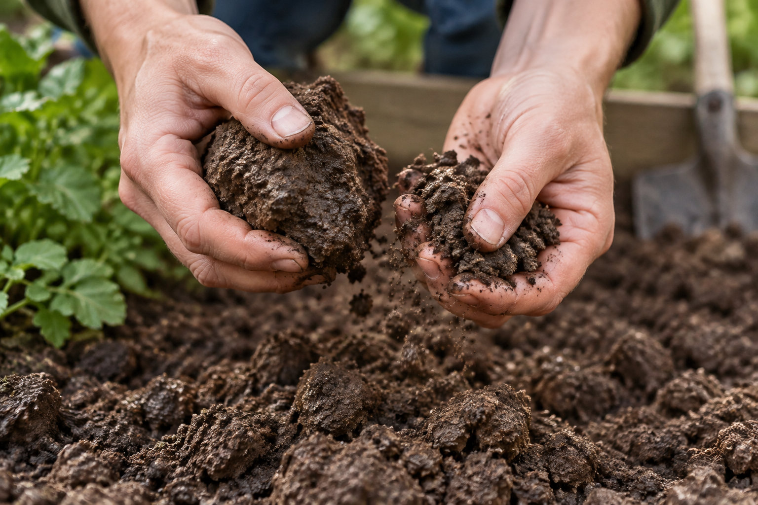 Deux mains émiettent une motte de terre au-dessus d’un sol de jardin, près de feuillage vert.